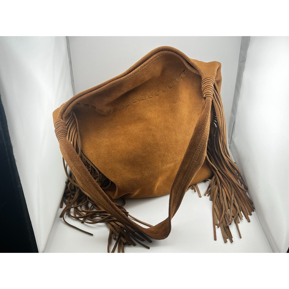 Margot Suede Leather Long Fringe Bucket Shoulder Bag Tote Brown Western Hippie - Picture 12 of 16